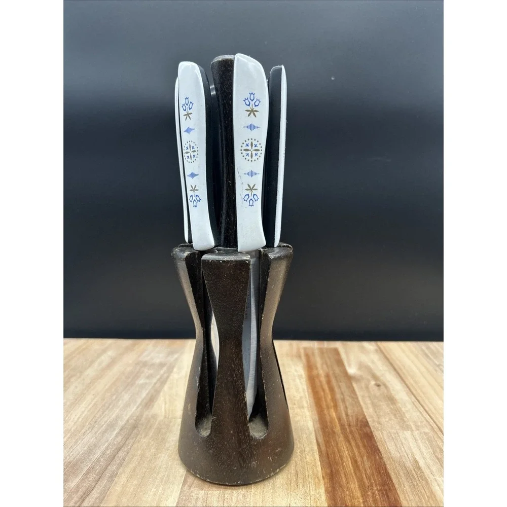 6 Vintage EKCO Vanadium‎ Dutch Tulip Steak Knives USA Hollow Ground Set w Holder